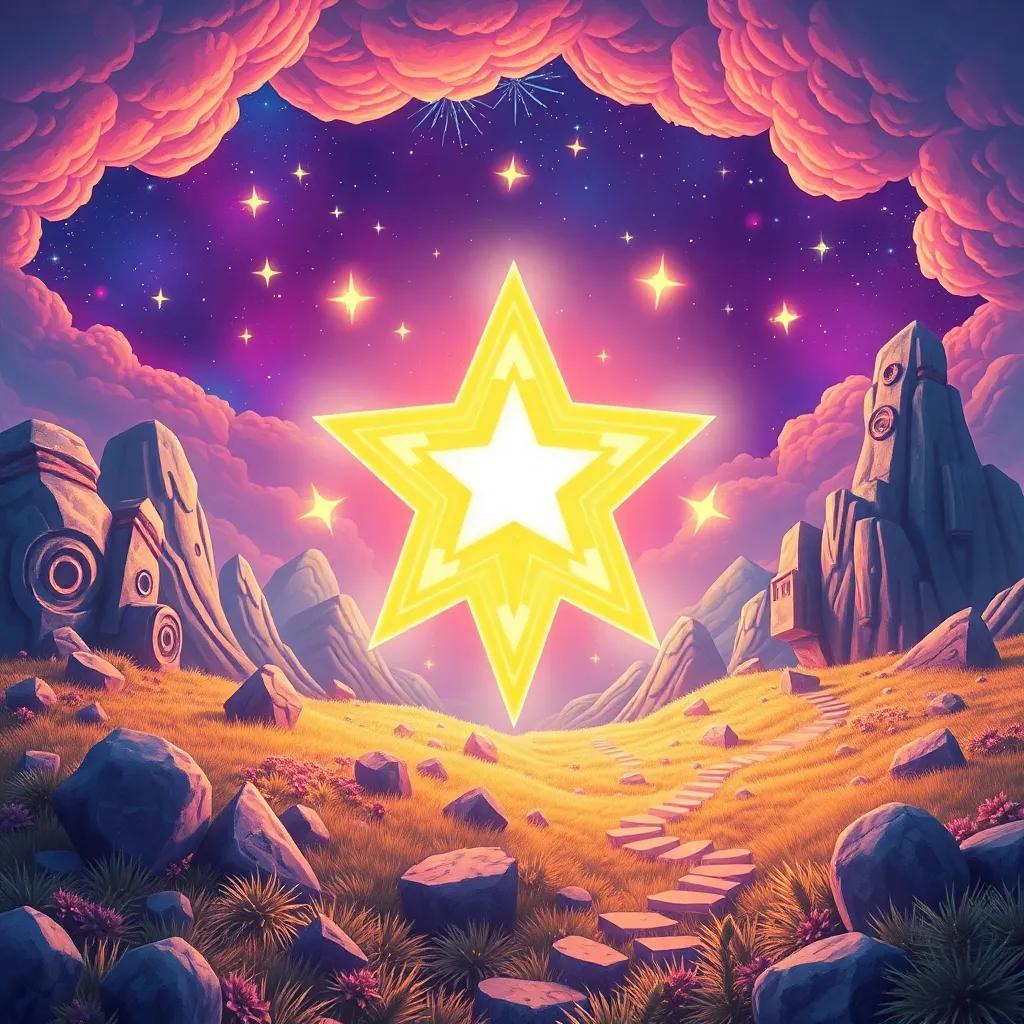 A magical star appearing in a strange world called Migasu, sparkling lights illuminating a fantastical landscape, engaging colors, whimsical art style, high quality