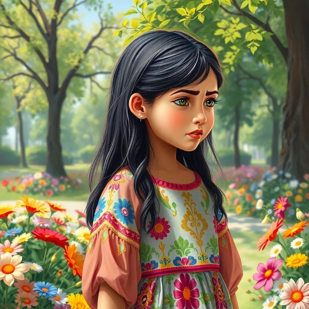 A young Arab girl, Bisan, with long, dark hair wearing a colorful dress, frowning as she speaks to her friend in a sunny park full of flowers, cheerful atmosphere, child-friendly and inviting