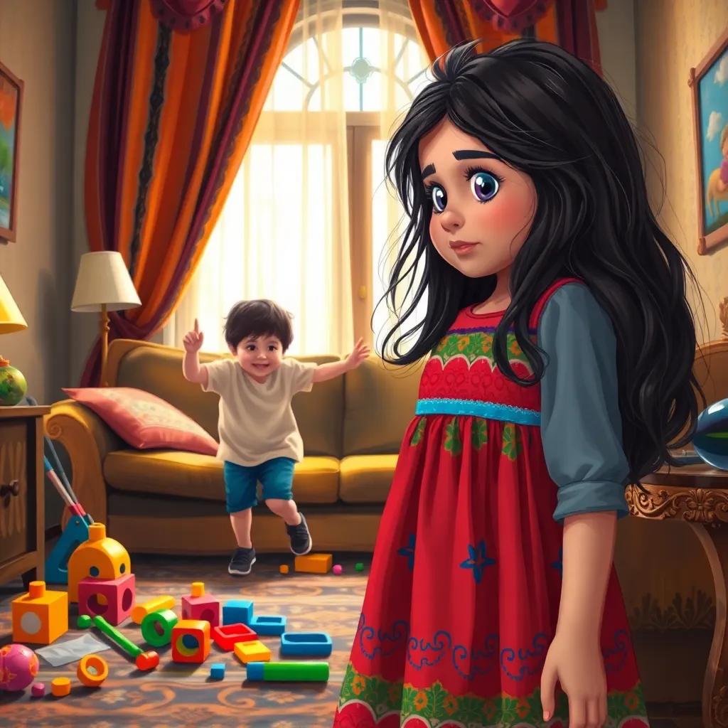 Bisan, a young Arab girl, with long, dark hair in a colorful dress, entering her room with surprise, seeing her little brother jumping on the couch with colorful toys around him, bright and playful lighting, warm colors
