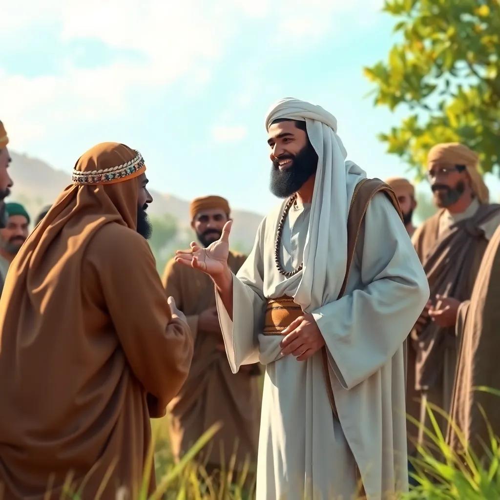 The Prophet Muhammad (PBUH) receiving the pledge from the Aws and Khazraj tribes, smiling and encouraging them, in a serene outdoor setting, surrounded by nature, symbol of unity and faith, illustration, uplifting, engaging scene, high quality