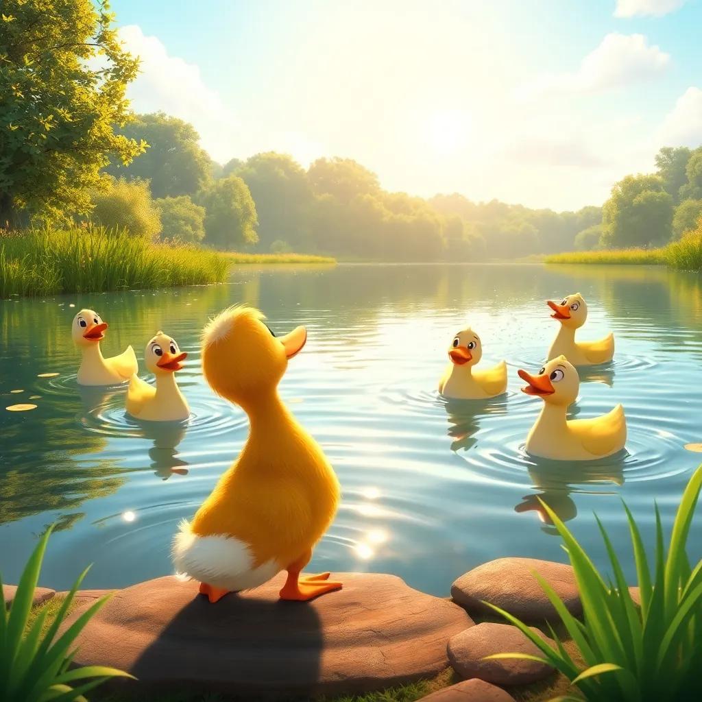 A beautiful morning by the lake, depicting a small duck named Biko, looking at other ducks diving into the water with playful expressions, surrounded by lush greenery and sparkling water, cheerful atmosphere, cartoon style, vibrant colors, warm sunlight, detailed scenery, high quality