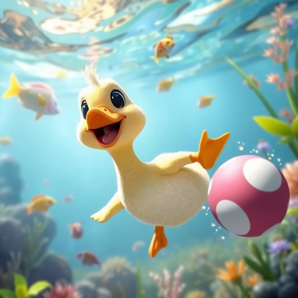 A small duck named Biko, bravely diving into the lake to retrieve a children's ball, an enthusiastic expression on her face, underwater scene with colorful fish and aquatic plants, bright and lively, digital art, uplifting feeling, clear visibility, child-friendly