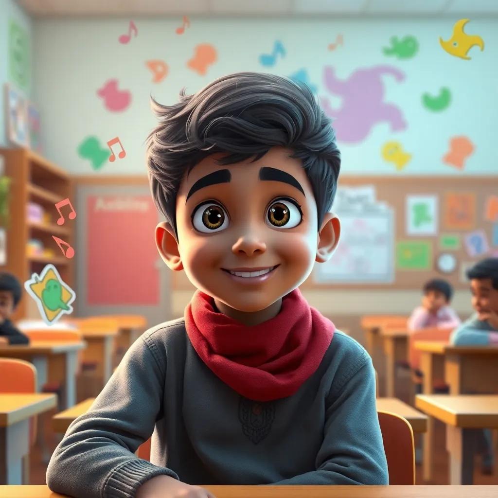 A young Arab boy, Omar, with bright eyes and a cheerful smile sitting in a classroom looking distracted, surrounded by colorful drawings and sounds floating around him, digital art, warm colors, inviting atmosphere, high quality