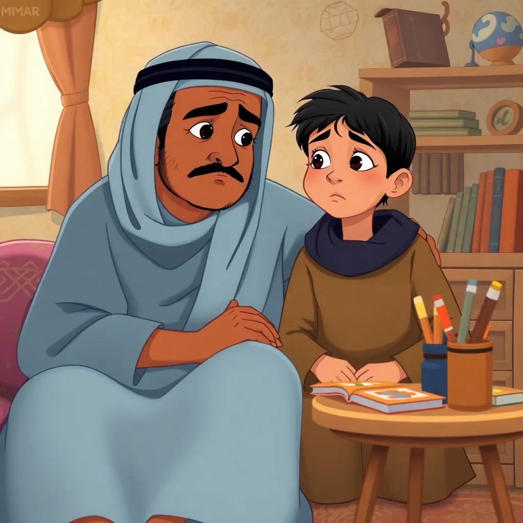 Omar, a young Arab boy, sitting beside his loving grandmother in a cozy room with books and art supplies on a small table, looking sad and thoughtful, illustration, heartwarming, detailed, child-friendly