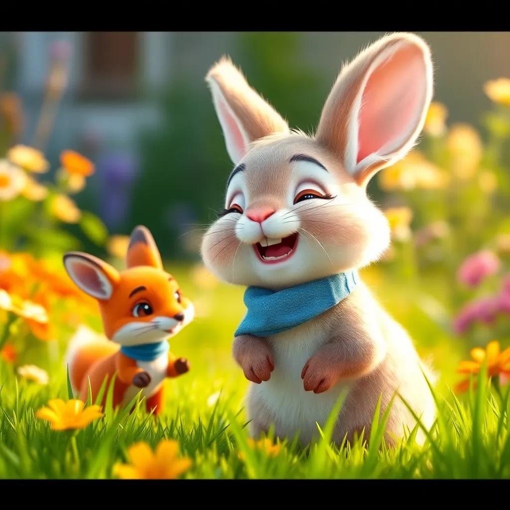 A joyful young rabbit, Benny, with soft, fluffy fur, wearing a small blue scarf, happily playing in a sunny garden with his friend, a small friendly fox, details of flowers and green grass, cheerful atmosphere, vibrant colors, high quality