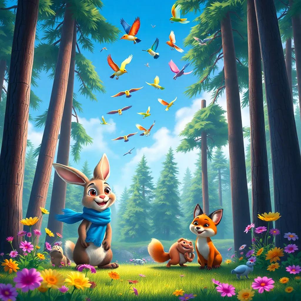 A beautiful forest scene, with colorful birds flying in the blue sky above Benny, a young rabbit with a blue scarf, and Simi, a small friendly fox, surrounded by tall trees and colorful flowers, illustrating adventure and joy, detailed vibrant art, friendly look, high quality