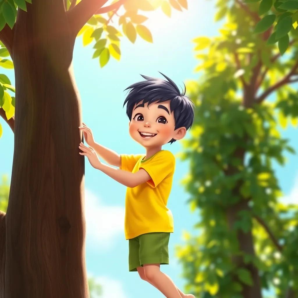A young boy, B, with short black hair, wearing a bright t-shirt and shorts, happily climbing a tall green tree with shiny leaves, under a sunny sky, digital art, vibrant colors, cheerful atmosphere, high quality