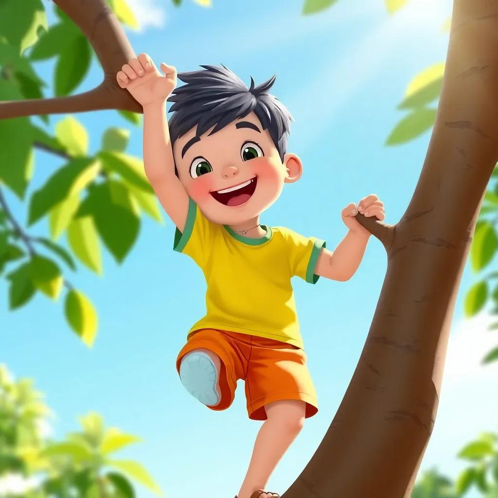 B, a young boy with short black hair in a bright t-shirt and shorts, climbing higher on the tree, smiling and excited, with sunlight shining on him, illustration, joyful, adventure-themed, child-friendly