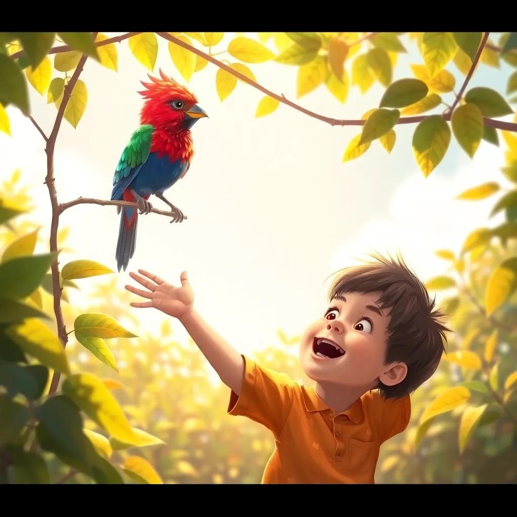 B, the young boy, excitedly reaching out toward a colorful bird perched on a branch, with leaves surrounding them and sunshine filtering through, digital painting, warm colors, dynamic perspective, uplifting
