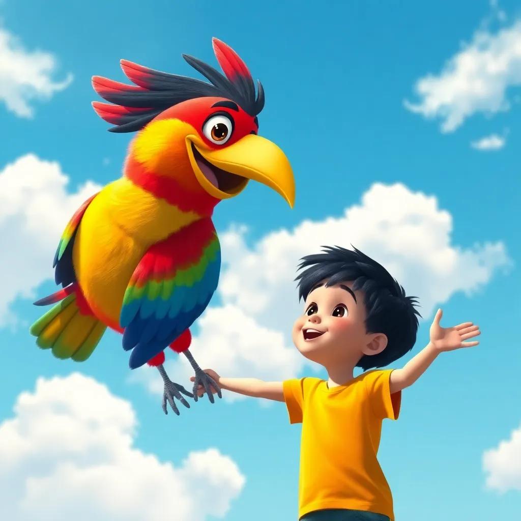 A colorful bird smiling at B, a young boy with short black hair in a bright t-shirt, demonstrating how to fly, with vibrant blue sky and fluffy white clouds in the background, storytelling view, bright and inviting