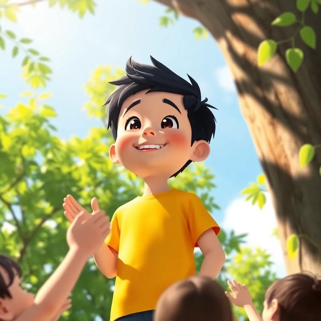 B, a young boy with short black hair in a bright t-shirt, at the top of the tall tree with a big smile, looking down at his clapping friends below, surrounded by green leaves and sunlight, joyful atmosphere, cheerful illustration