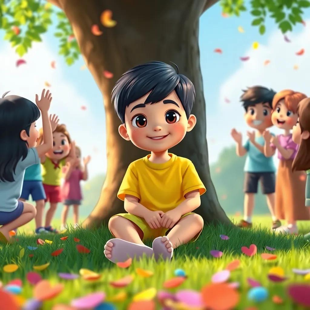 B, a young boy with short black hair in a bright t-shirt and shorts, sitting on the grass after climbing the tree, surrounded by happy friends clapping and cheering, colorful petals around, heartwarming scene, rich colors, uplifting engagement