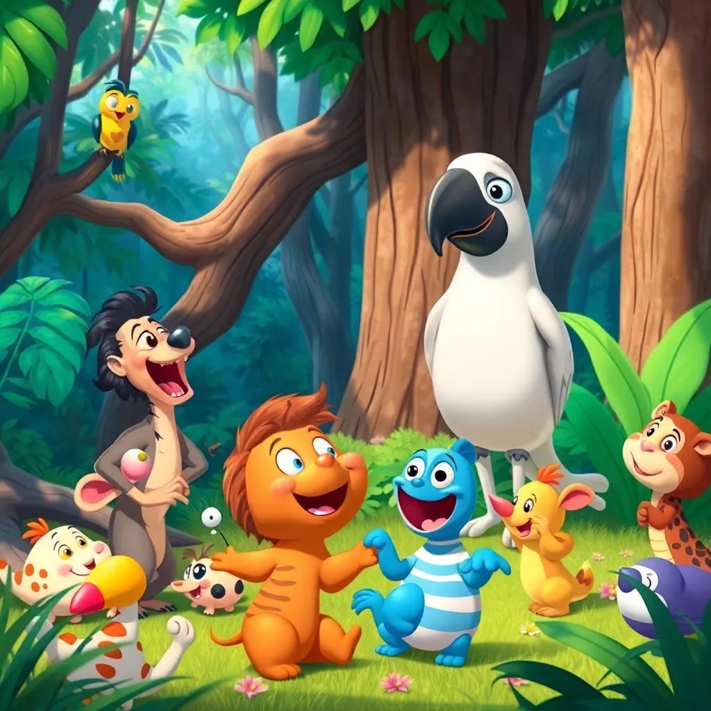 A lively scene of animals playing and laughing in the forest, while Babo the parrot watches from a distance with a frown, bright colors, cheerful, cartoon style, high quality