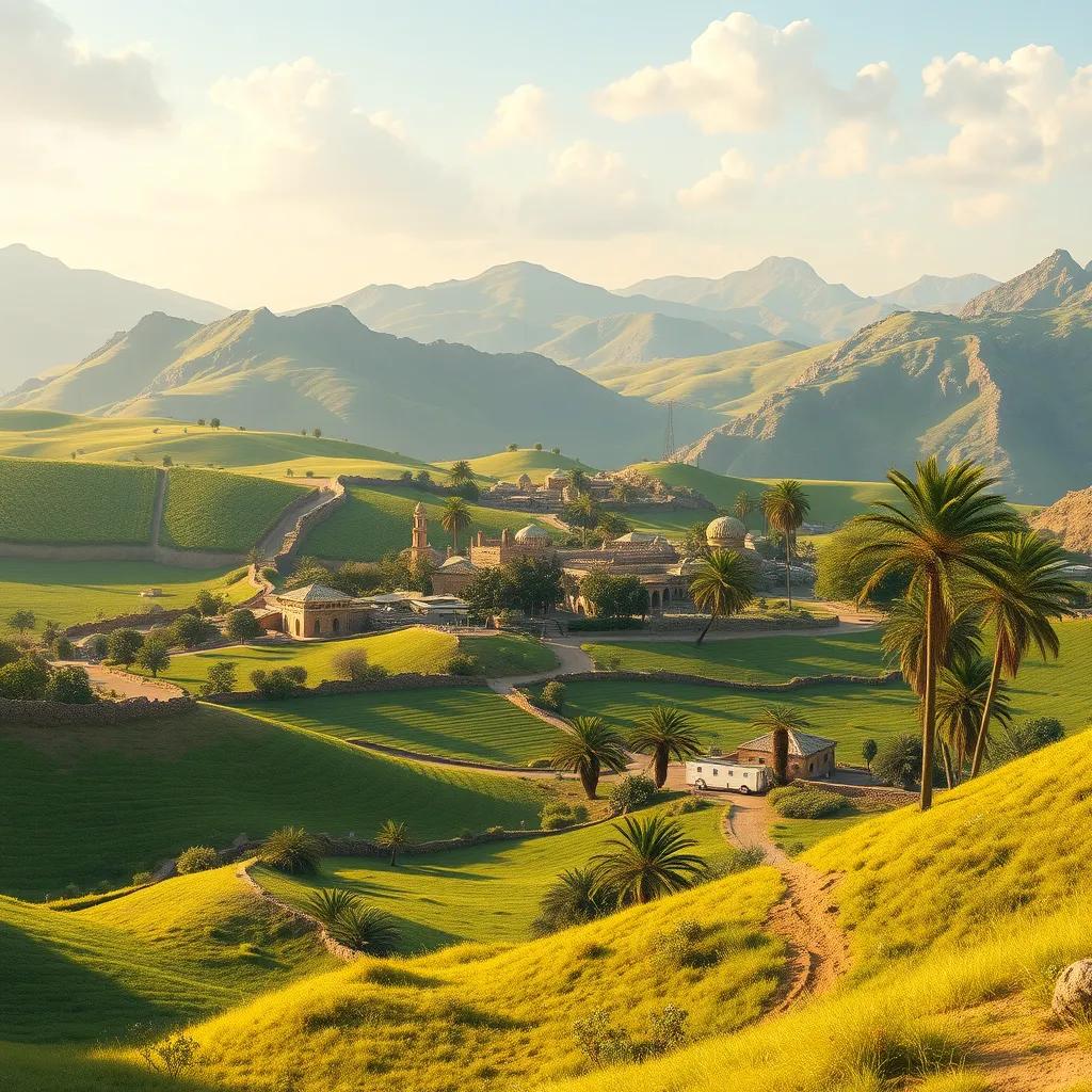 A picturesque landscape of Ghaaseebah with lush green fields and palm trees, depicting a small village, rural art, bright colors, peaceful atmosphere, breathtaking view, high quality