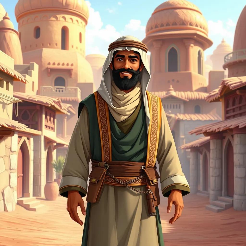 Maani Al-Muridi, a courageous man, wearing traditional Saudi clothes, standing in the center of Diriyah, surrounded by villagers building houses, digital illustration, vibrant colors, cheerful environment, detailed art