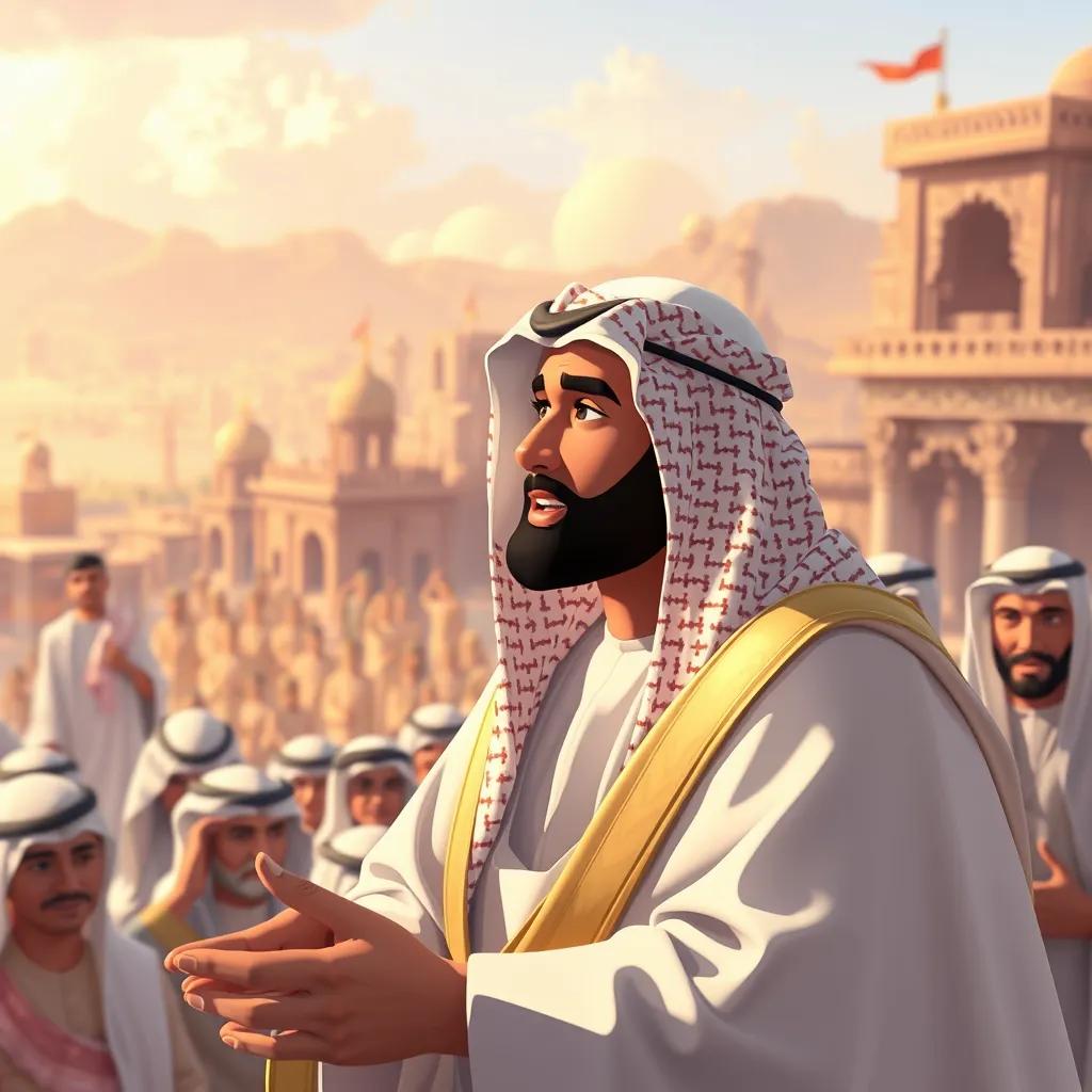 Muhammad bin Saud, a wise and strong leader, in traditional Saudi attire, addressing the people of Diriyah, with a backdrop of a bustling town, illustration, optimistic, historical, uplifting