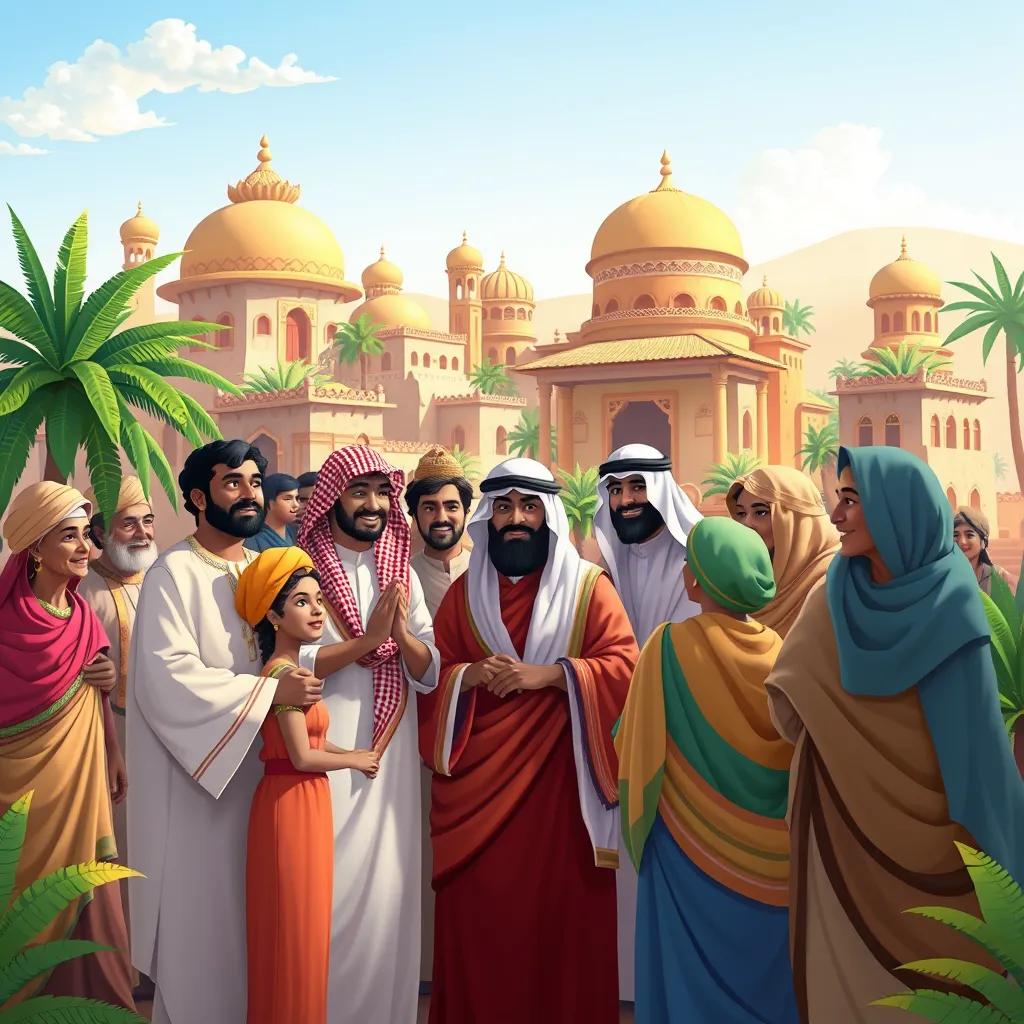 A diverse group of people collaborating to build the first Saudi state, with traditional architecture and greenery, depicting unity and hard work, colorful, bright light, optimistic scene, vibrant illustration