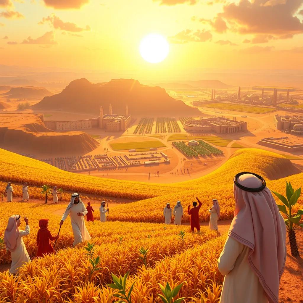 An expansive view of the first Saudi state flourishing with happy people and abundant crops, showcasing collaboration and progress, golden sunset, warm colors, hopeful atmosphere, beautiful digital art