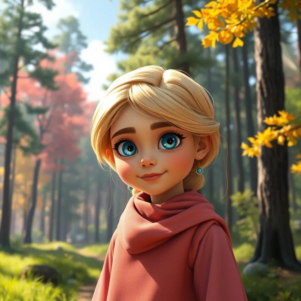 A young Arab girl, Taaheya, with blue eyes and soft blonde hair, standing at the edge of a beautiful forest with tall trees, vibrant nature all around, digital art, bright colors, inviting atmosphere, high quality