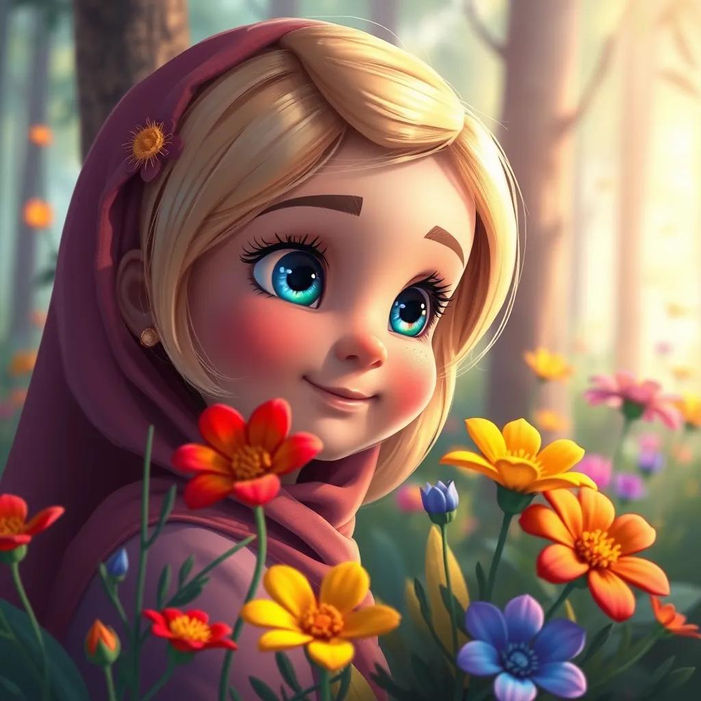 Taaheya, a young Arab girl with blue eyes and soft blonde hair, admiring colorful flowers blooming in the forest, with vivid red, yellow, and blue petals, digital painting, vibrant colors, happy ambiance, child-friendly