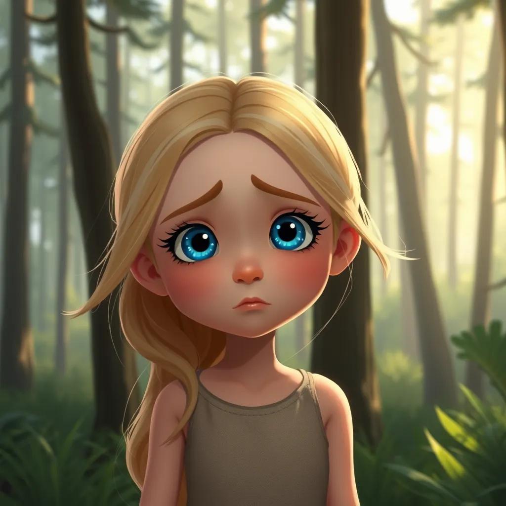 Taaheya, a young girl with blue eyes and soft blonde hair, looking worried in the forest, surrounded by tall trees, with a gentle breeze, soft light, thoughtful mood, illustration, high quality