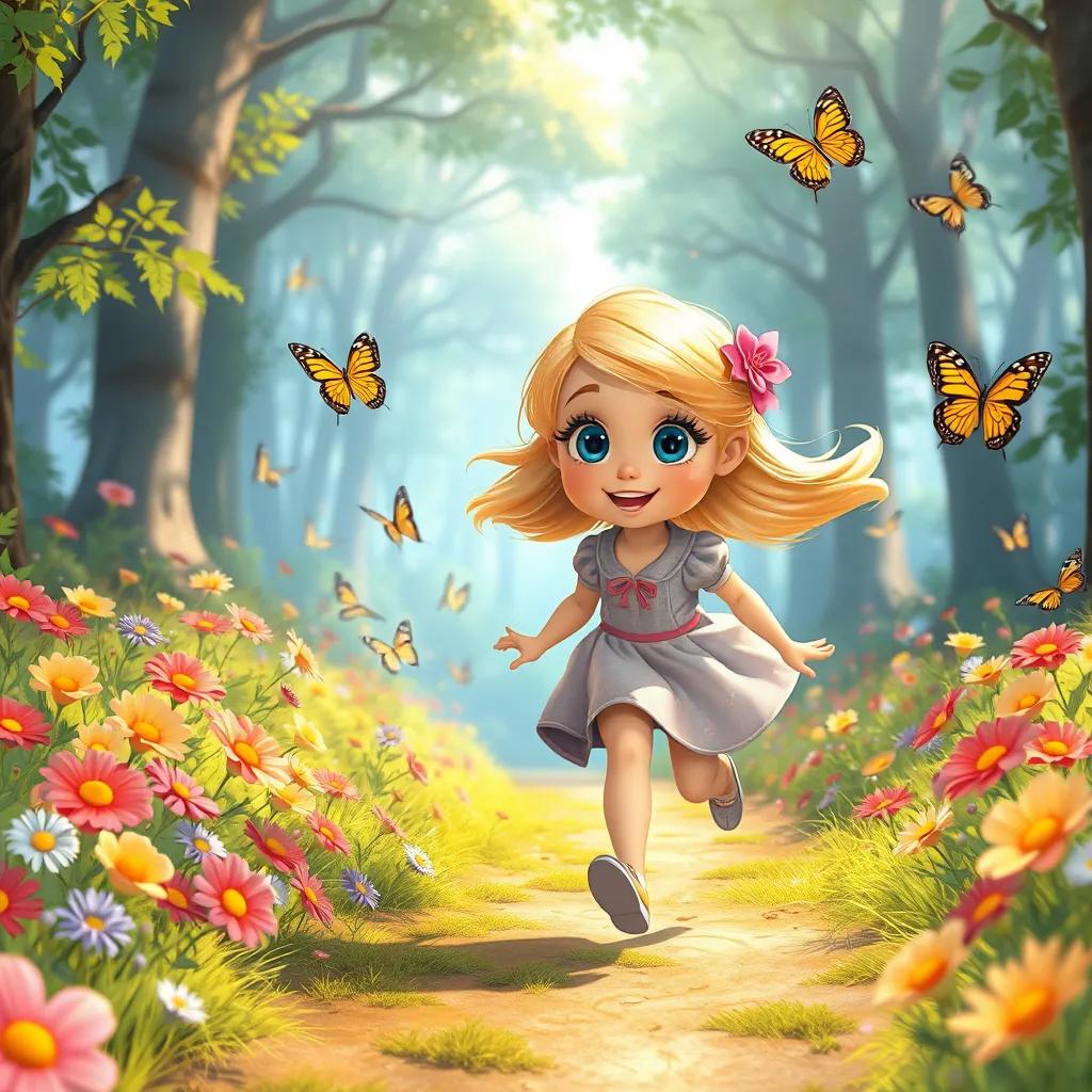 Taaheya, a young girl with blue eyes and soft blonde hair, running joyfully in a new forest path with vibrant flowers, surrounded by butterflies and sunshine, illustration, colorful, high quality