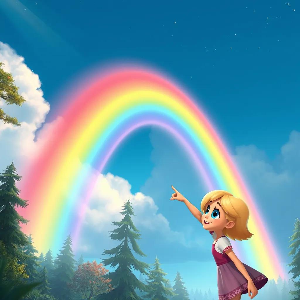 A stunning rainbow appearing in the sky, with Taaheya, a young girl with blue eyes and soft blonde hair, excitedly pointing towards it from the forest, bright and colorful, magical atmosphere, high quality