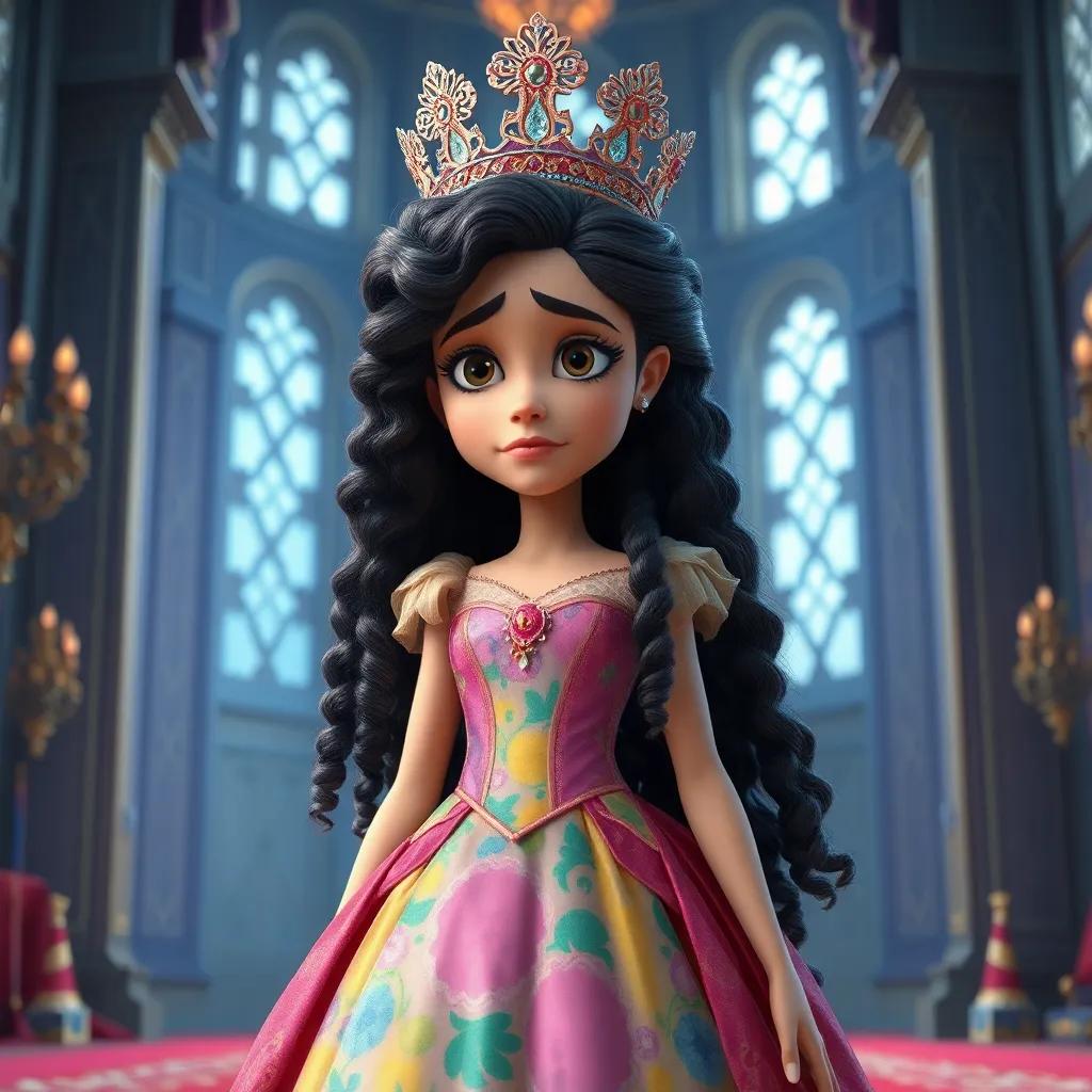 A kind queen with long, curly hair wearing a colorful royal dress, looking sad in her grand castle without her sparkly crown, digital art, bright colors, warm atmosphere, high quality