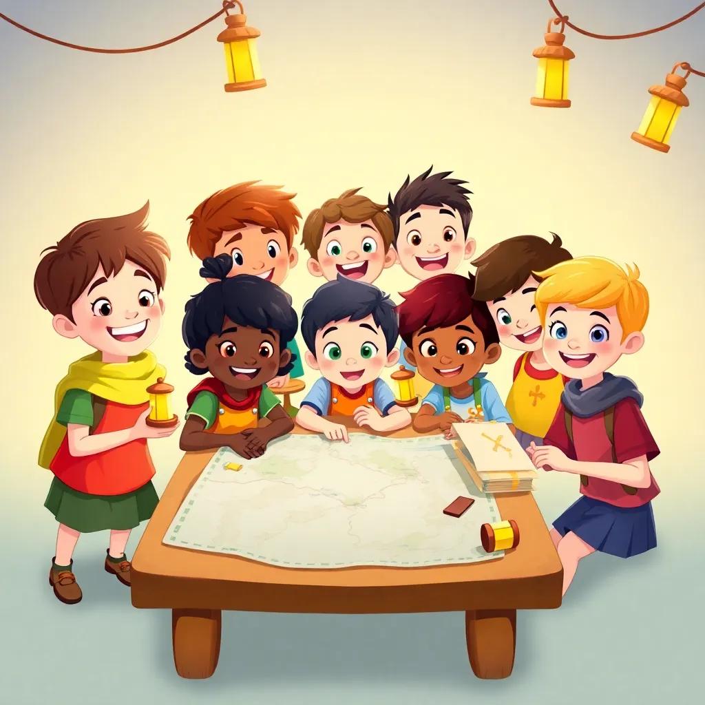 A group of diverse, young children with bright clothes and happy smiles, gathered around a table with maps and lanterns, plotting their adventure to help the queen, illustration, cheerful, lively atmosphere, child-friendly