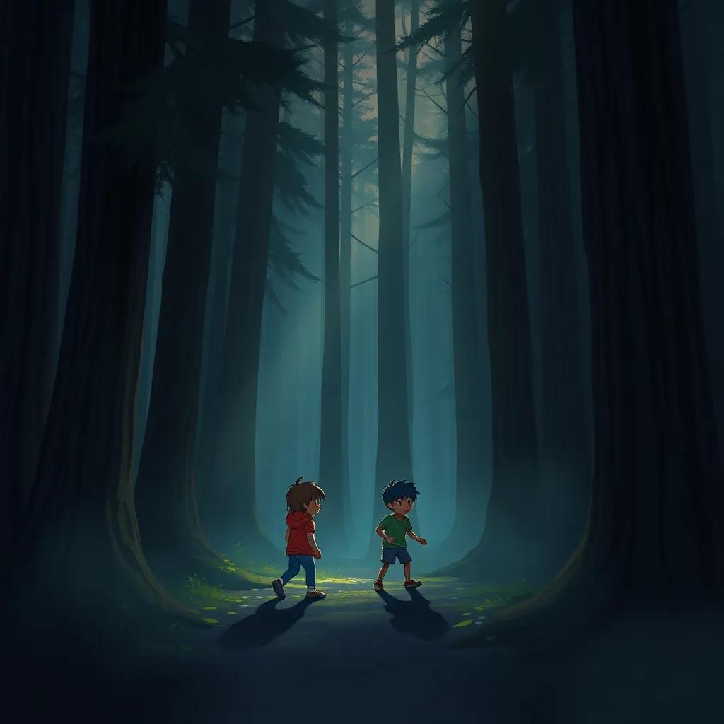 Children bravely entering a dark forest, tall trees surrounding them with difficulty in the shadows, working together to find clues, digital painting, mysterious, warm light, quality illustration