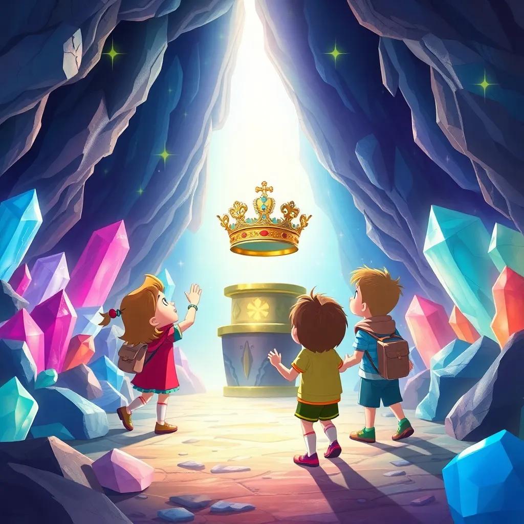 Kids discovering a bright cave filled with colorful crystals and glittering lights, finding the queen's crown on a pedestal, magical atmosphere, vibrant illustration, adventure, high quality