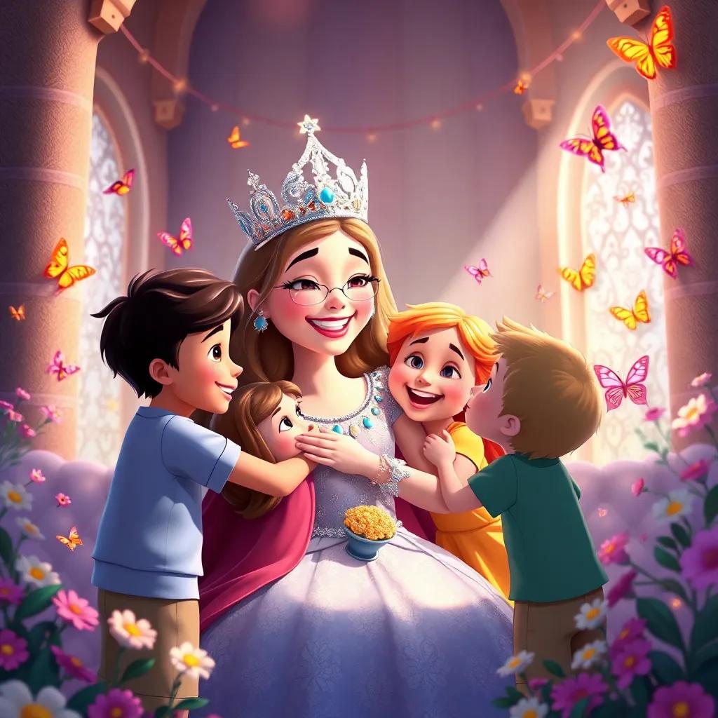 The joyful reunion of the children and the queen in her castle, the queen wearing her sparkling crown, smiling and hugging the children, surrounded by butterflies and flowers, heartwarming, colorful, uplifting imagery