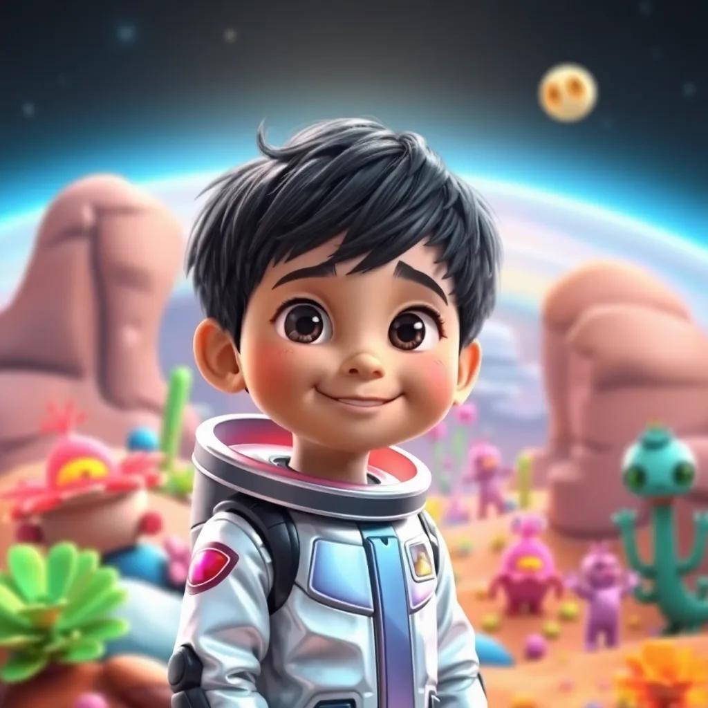 A young boy, Sami, with short black hair and bright eyes, wearing a shiny space suit, standing on a colorful planet with alien plants and creatures, digital art, vibrant colors, cheerful atmosphere, high quality