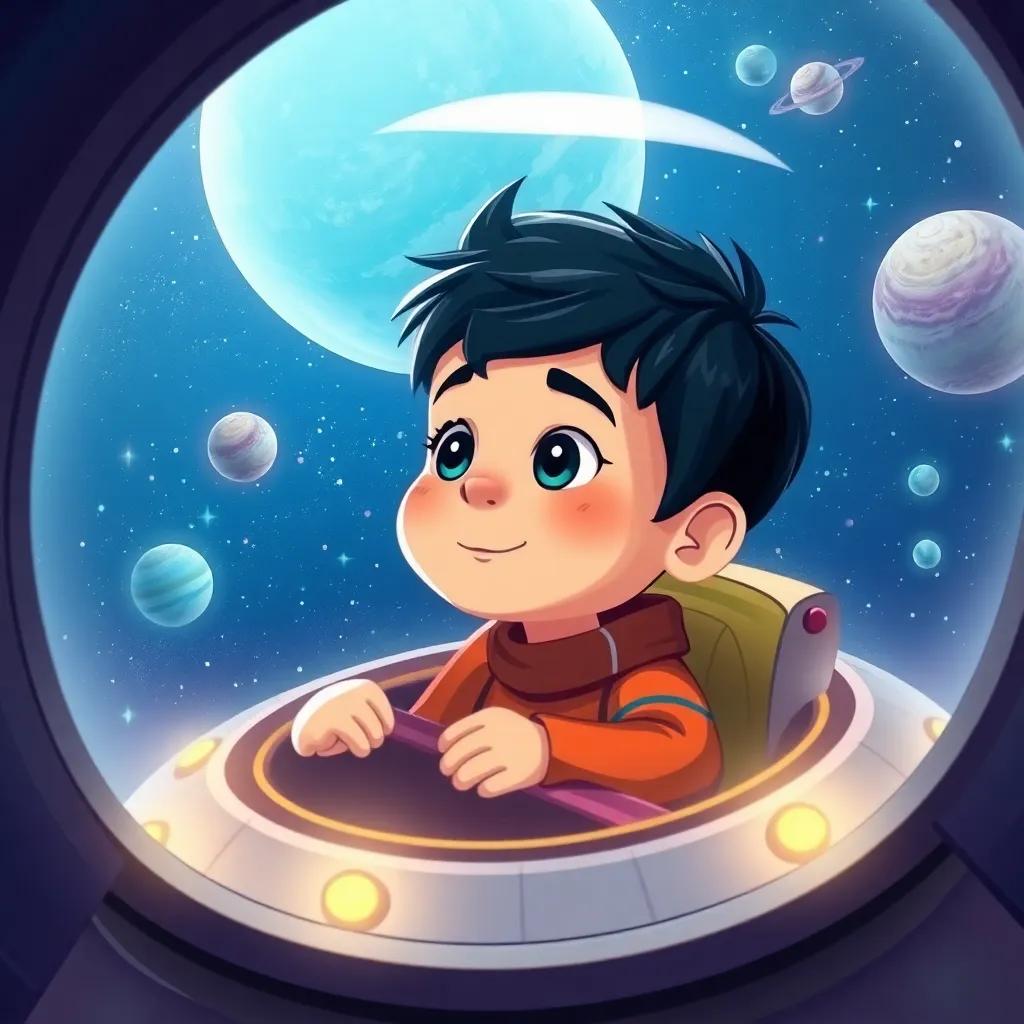 Sami, a young boy with short black hair and bright eyes, in his small spaceship, looking at the vastness of space with stars and planets, illustration, adventurous, colorful, high quality
