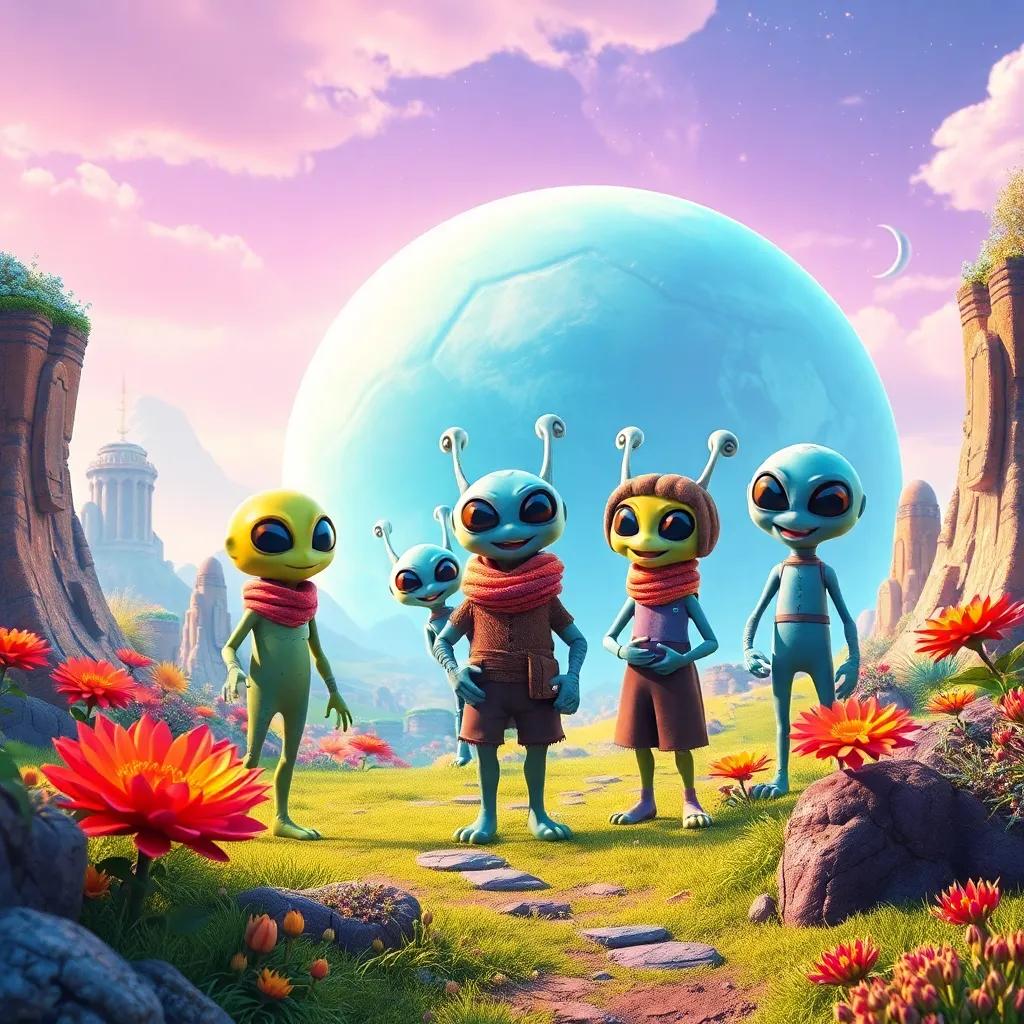 A colorful alien planet with friendly inhabitants wearing strange clothes, welcoming Sami, vibrant landscape with interesting flora, digital art, imaginative, welcoming atmosphere