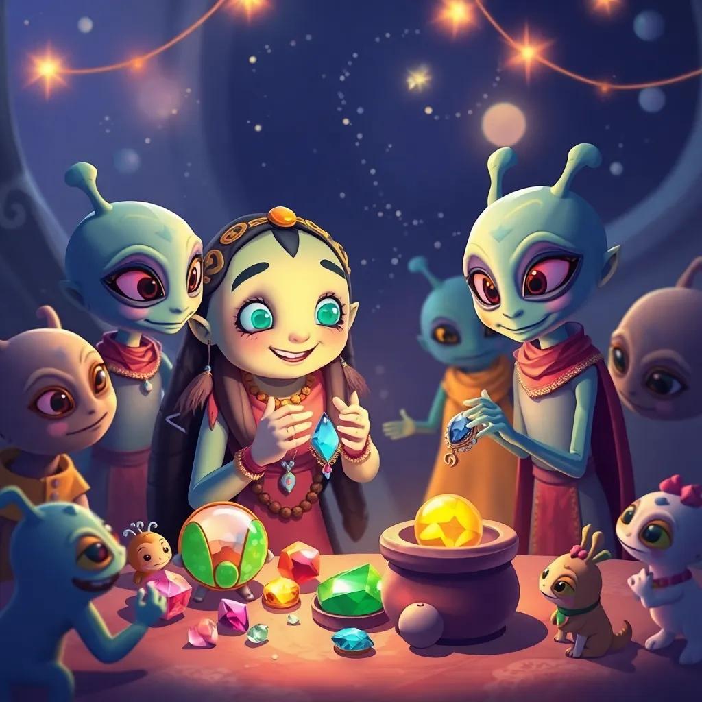 Sami trading beautiful jewelry made of gemstones with friendly aliens, surrounded by curious creatures and sparkling lights, illustration, lively, festive, high quality