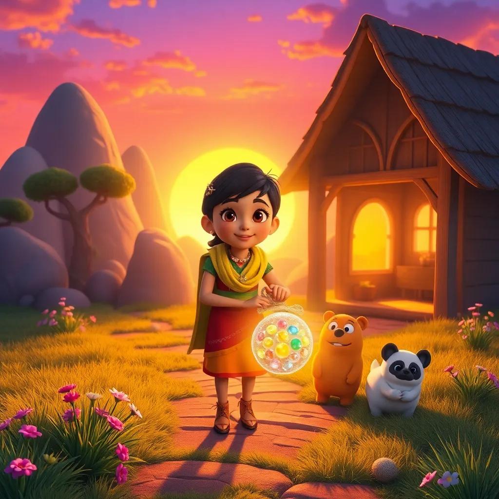 Sami returning home with a shining bag of unique jewelry and new friends from different worlds, bright colors, warm sunset, uplifting imagery