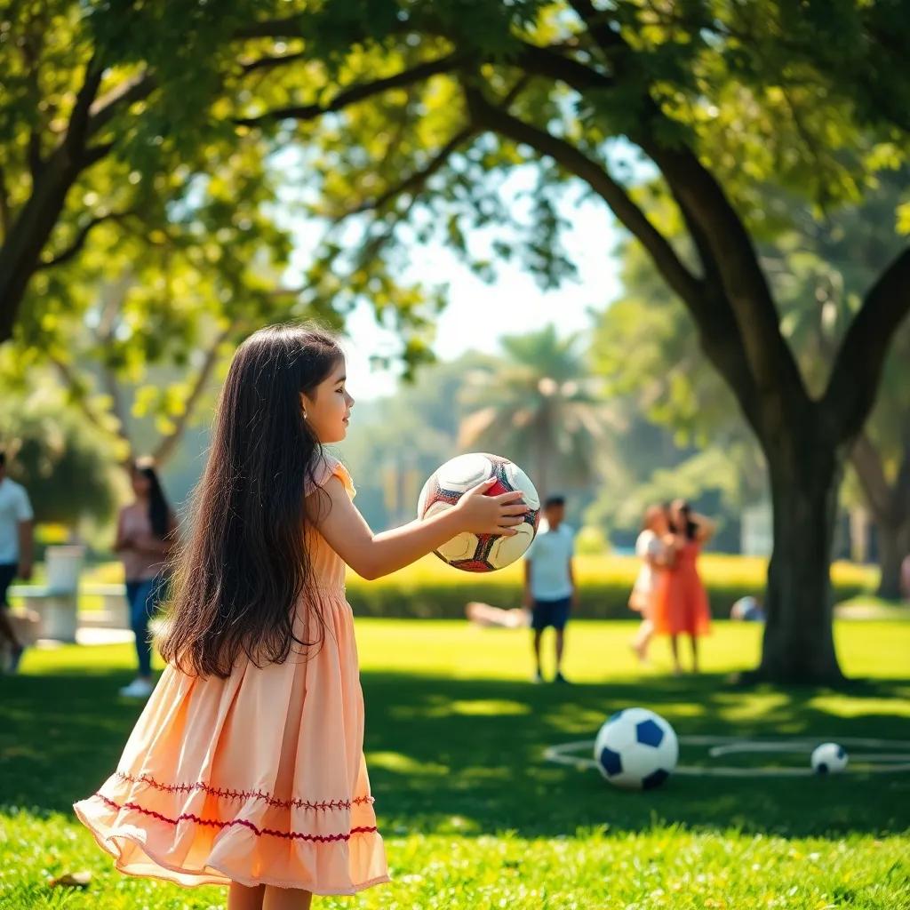 A young Arab girl, Amna, with long dark hair, wearing a pretty dress, playing with a ball in a sunny park in Sohag, filled with greenery and friends around them, joyful and playful scene, bright colors, high quality