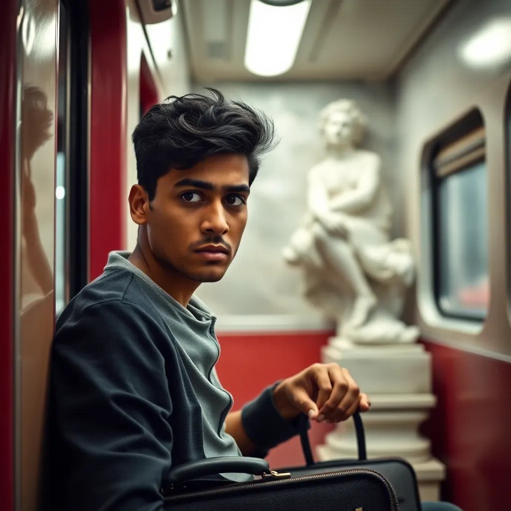 A young Indian man, Tushar Thakur, sitting in a train compartment, looking worried and determined, wearing casual clothes, holding a briefcase, bright lights, vibrant colors, medium shot, focus on his facial expression, detailed and realistic