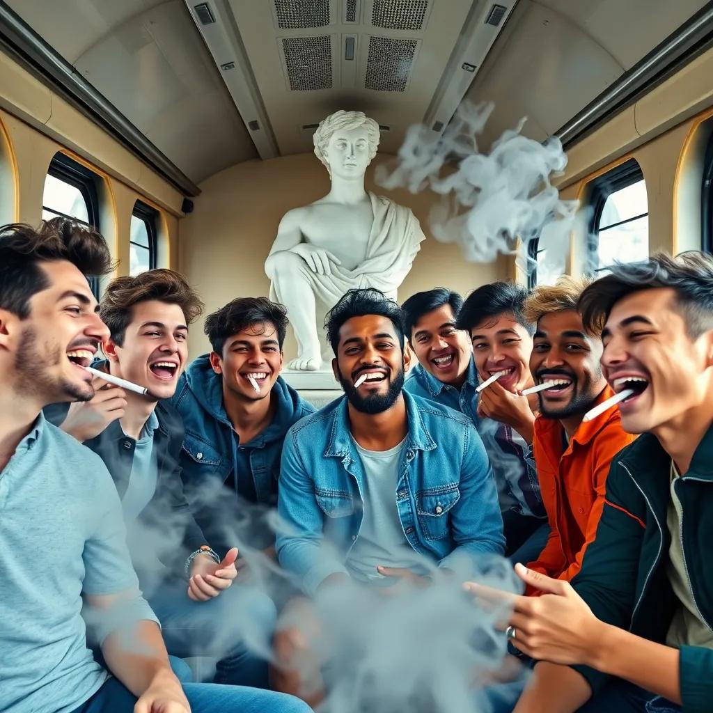 A group of young men laughing and smoking inside the train, with smoke swirling around, looking reckless and defiant, casual clothes, diverse ethnicities, colorful and vibrant, medium shot, focus on their expressions