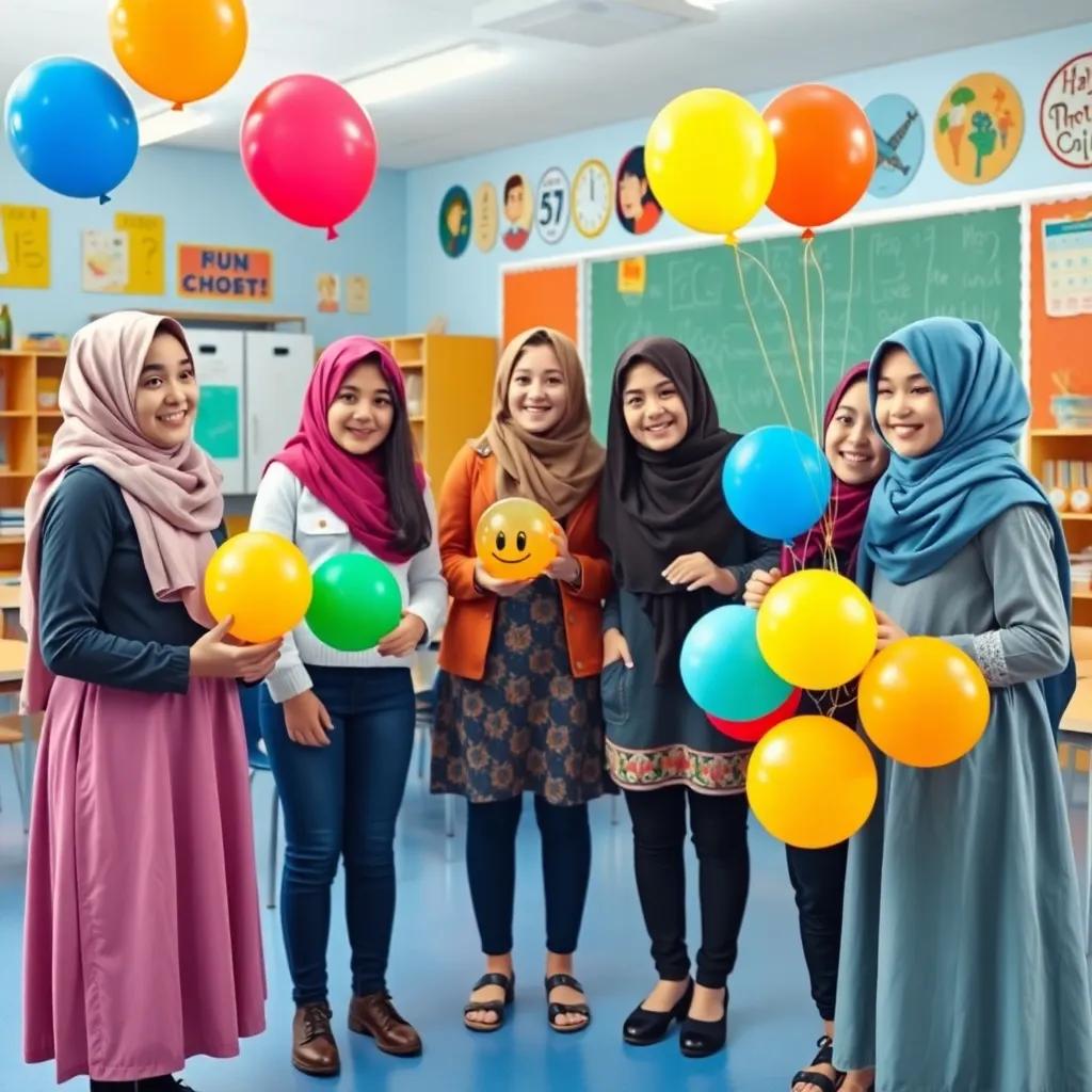 Five girls, Ghala, Sham'a, Wiam, Awsaf, and Jouri, standing together in a colorful classroom, explaining a fun science experiment with balloons, friendly smiles, bright classroom setting, engaging and lively, high quality
