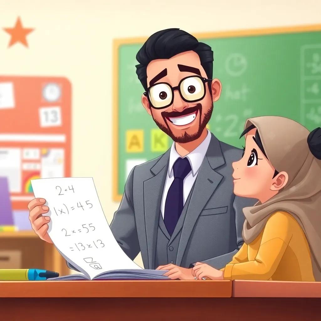 A kind Arab male teacher, in his thirties, wearing a grey suit and glasses, smiling as he explains math concepts to a young Arab girl in a classroom, colorful classroom decorations in the background, illustration, supportive and encouraging mood, child-friendly