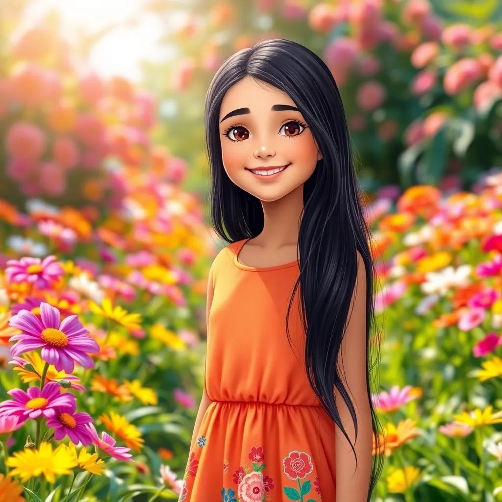 A cheerful girl, Noura, with long, dark hair wearing a bright dress, standing in a flower garden filled with colorful blooming flowers, sunlight shining down, digital art, vibrant colors, joyful atmosphere, high quality