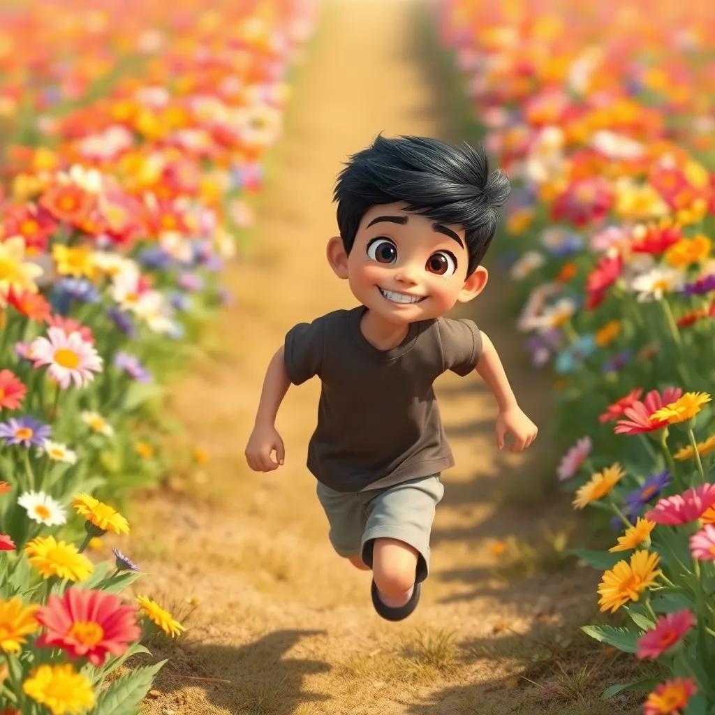 A young boy, Saud, with short, black hair wearing a t-shirt and shorts, running alongside Noura in the flower garden, surrounded by a rainbow of colorful flowers, illustration, playful mood, cheerful, child-friendly