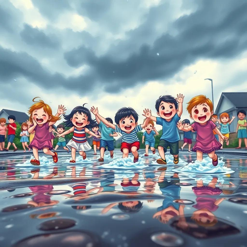 A joyful scene with children splashing in puddles under a gloomy sky, playful and cheerful atmosphere, vibrant colors, contrasting with the dark ambiance, capturing happiness, detailed illustration, engaging perspective, high quality