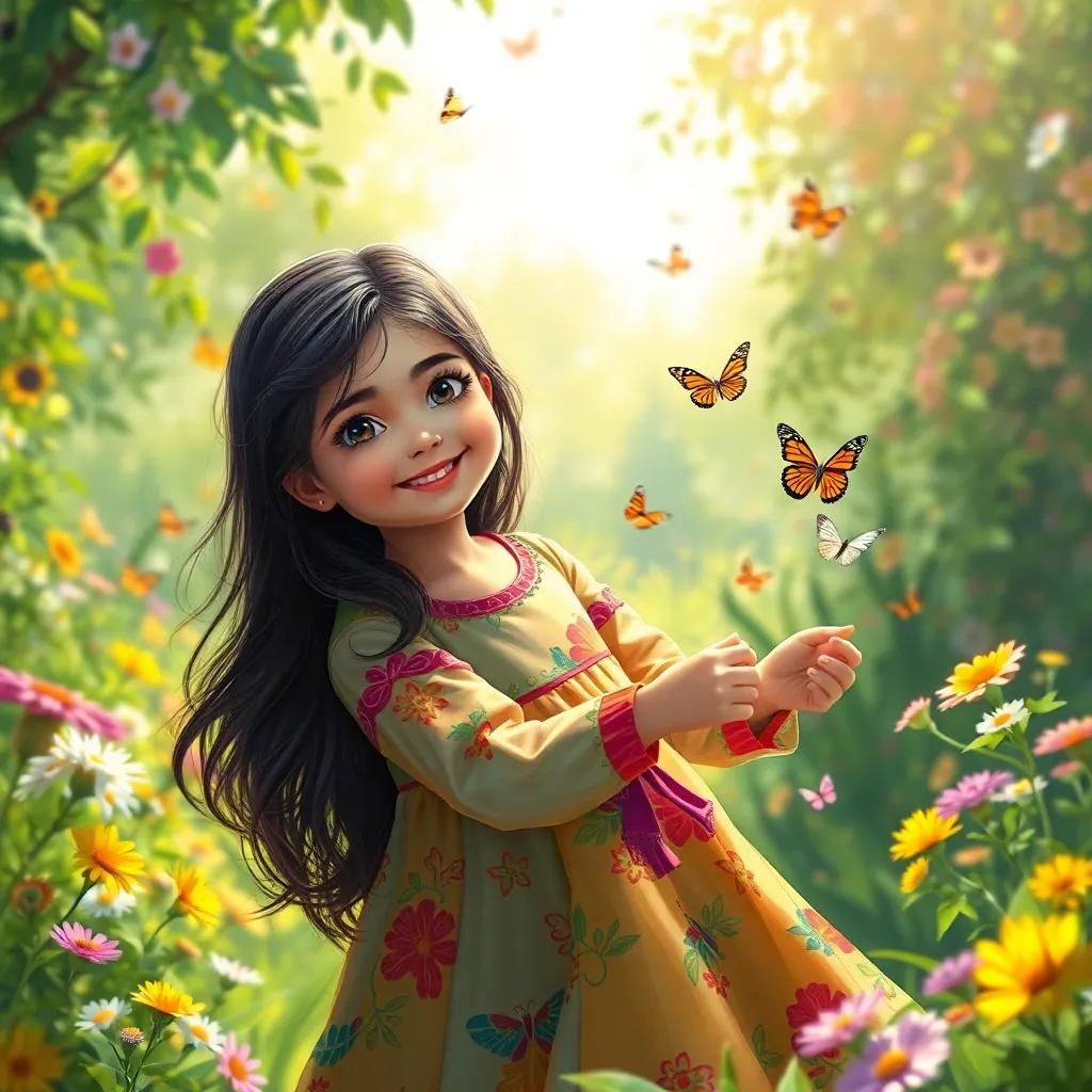 A young Arab girl, Farah, with long, dark hair wearing a colorful dress, playing in a green garden filled with flowers and butterflies, bright sunlight, cheerful atmosphere, digital art, vivid colors, joyful scene, high quality
