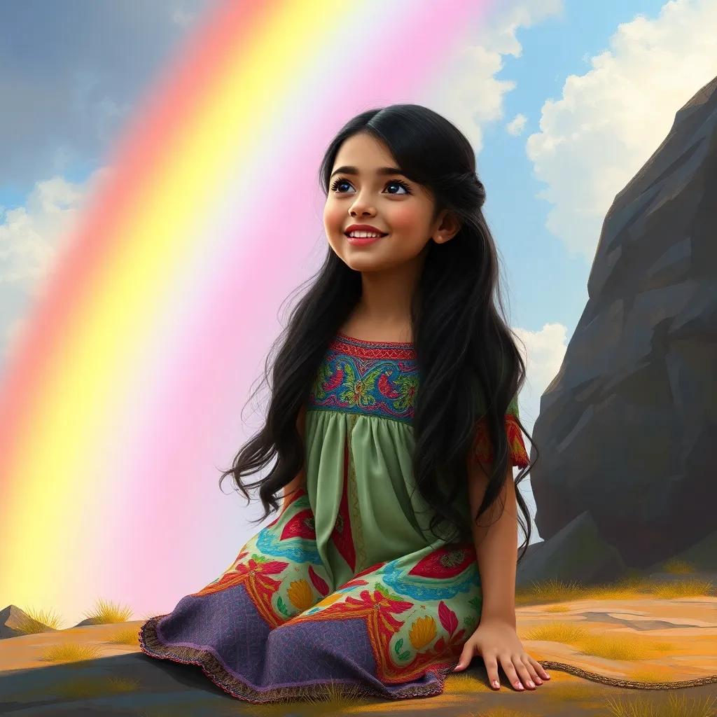A young Arab girl, Farah, with long, dark hair wearing a colorful dress, kneeling in front of a big rainbow with a huge rock, excitement in her eyes, digital art, bright colors, enchanting view, high quality