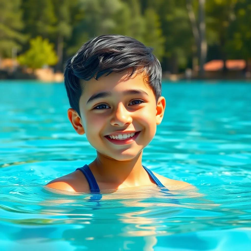 A cheerful boy named Sami, a young Arab boy with short dark hair, wearing a swim suit, practicing swimming in a beautiful blue lake surrounded by green trees, bright sunshine, cheerful atmosphere, digital art, vibrant colors, joyful scene, high quality