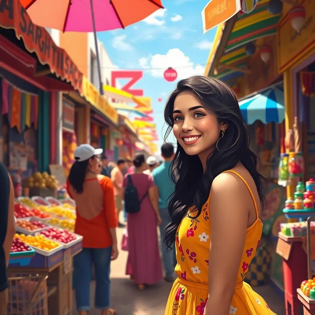 A sunny market scene with various colorful stalls, a young woman named Samia with light skin, wearing a bright dress, smiling happily as she spots her old love, Yusuf, in the crowd, digital art, vibrant colors, cheerful atmosphere, high quality
