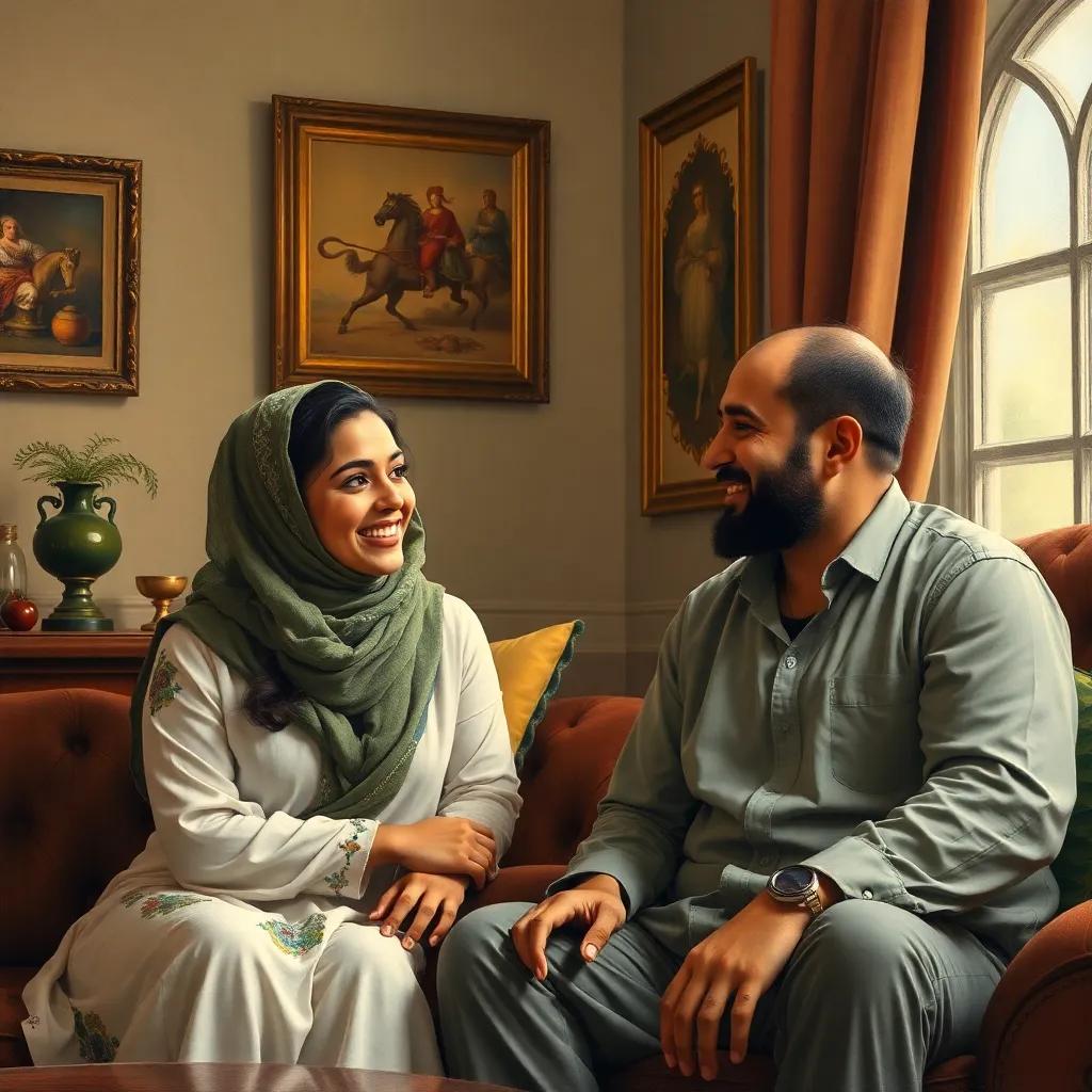 A cozy living room where Samia is talking to her husband, Mohammed, who has a relaxed appearance, both smiling, with a warm light illuminating them, joyful scene, family-friendly